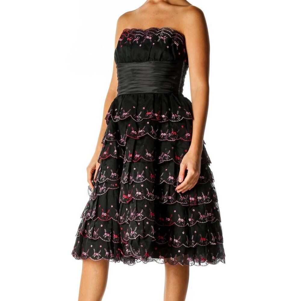 Vintage Betsey Johnson Black Strapless Layered Embroidered Silk Dress Size 6
